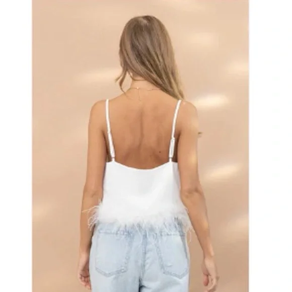 La’ Ros White V-neck Feather Crop Top with crystals Medium - Picture 6 of 13